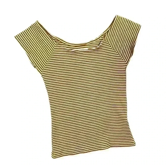 O’Neill Mustard Yellow & White Pinstripe Off Shoulder Ribbed Cropped Top Size L - Picture 1 of 12